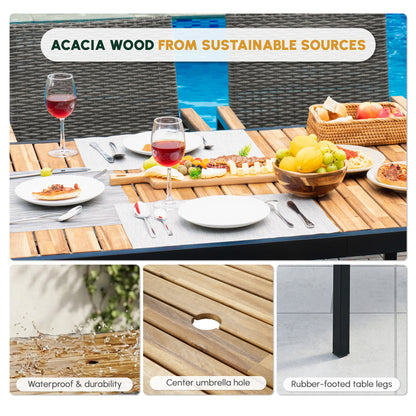 All Weather 7-Piece Patio Dining Table Sets, Patio Conversation Set Acacia Wood Table Top with Umbrella Hole, Rattan Outdoor, Brown Gray Color image 4