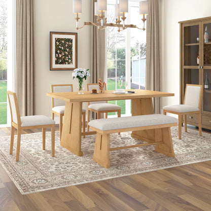 TREXM 6-Piece Rustic Farmhouse Dining Table Set with Wire Brushed Design, Rectangular Dining Table with Trapezoid Legs, 4 Upholstered Linen Chairs & 1 Padded Bench for Dining Room & Kitchen (Natural) image 1