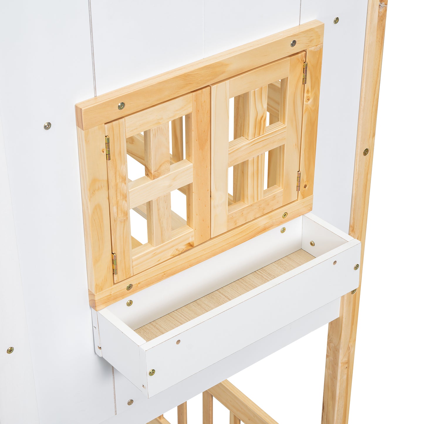 Twin over Twin House Bunk Bed with Roof, Window, Window Box, Door, with Safety Guardrails and Ladder, Natural/White image 11