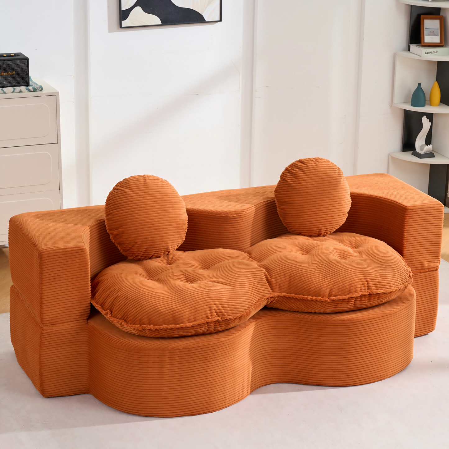 Convertible Sleeper Sofa, Modern Folding Futon Corduroy Floor Foam Compression Loveseat Sofa Bed Couch, Foldable Full Size Guest Bed with 2 Pillows for Living Room Bedroom Apartment, Orange image 1