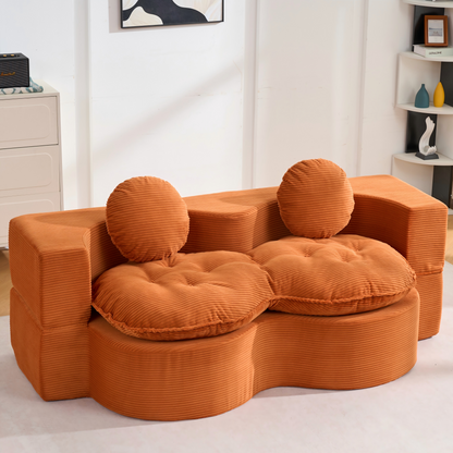 Convertible Sleeper Sofa, Modern Folding Futon Corduroy Floor Foam Compression Loveseat Sofa Bed Couch, Foldable Full Size Guest Bed with 2 Pillows for Living Room Bedroom Apartment, Orange image 1