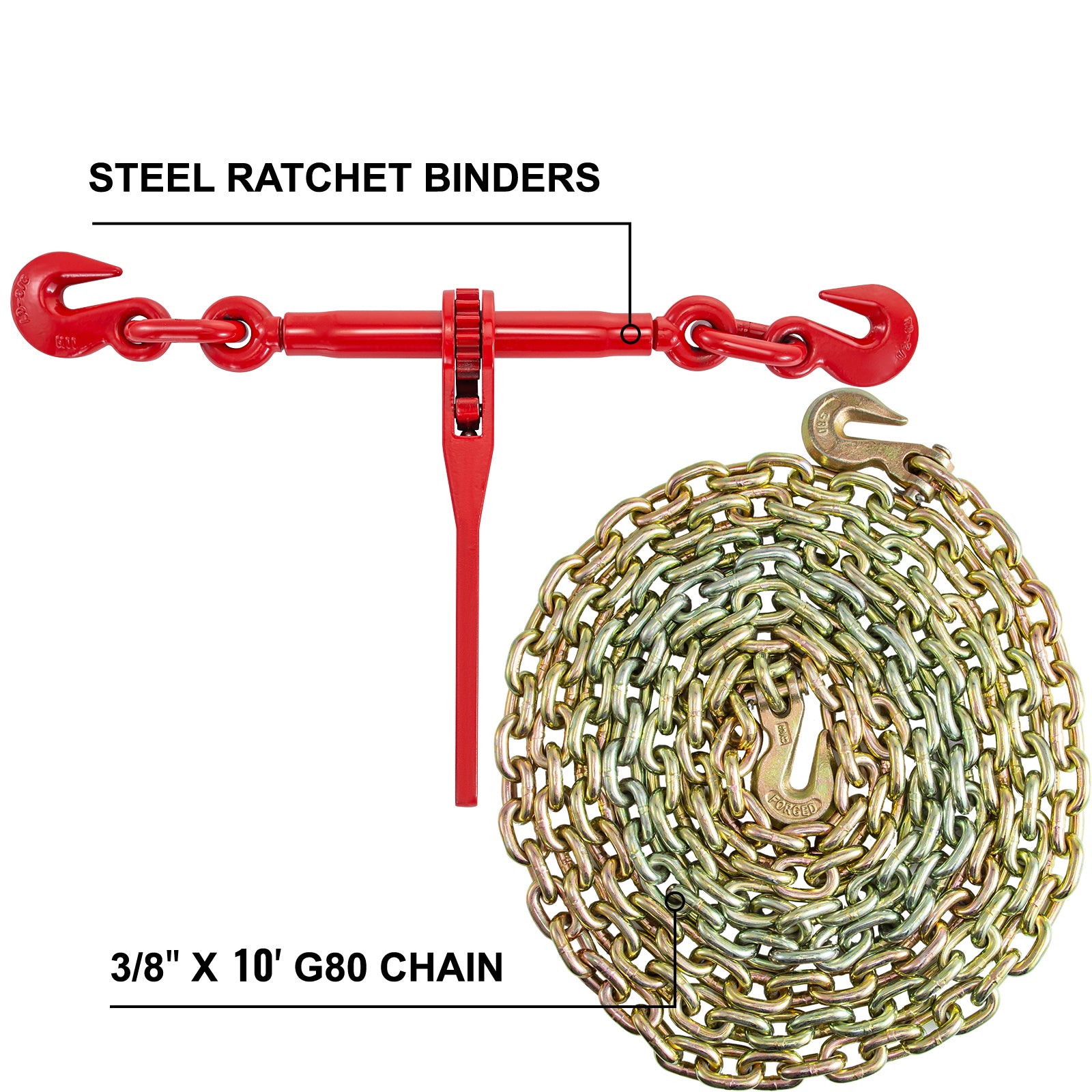 Chain and Binder Kit 3/8in-1/2in, Ratchet Load Binders 9215lbs Working Strength, Ratchet Binders and Chains, 3/8in x 10ft Chains with G70 Hooks, for Truck, Tie Down, Hauling, Towing image 4