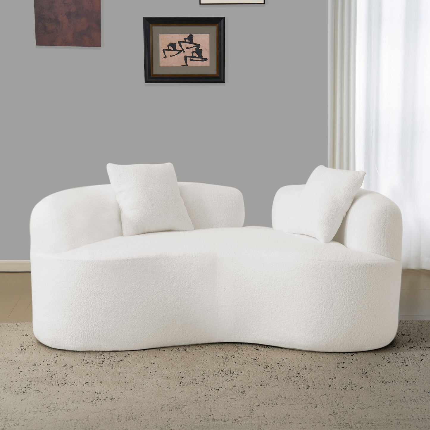 66.93 Inch Curved Loveseat White Full Compression Sponge Sofa, Teddy Velvet Fabric, No-Assembly Compact Sofa for Small Spaces & Apartments, 350 lbs Capacity image 2