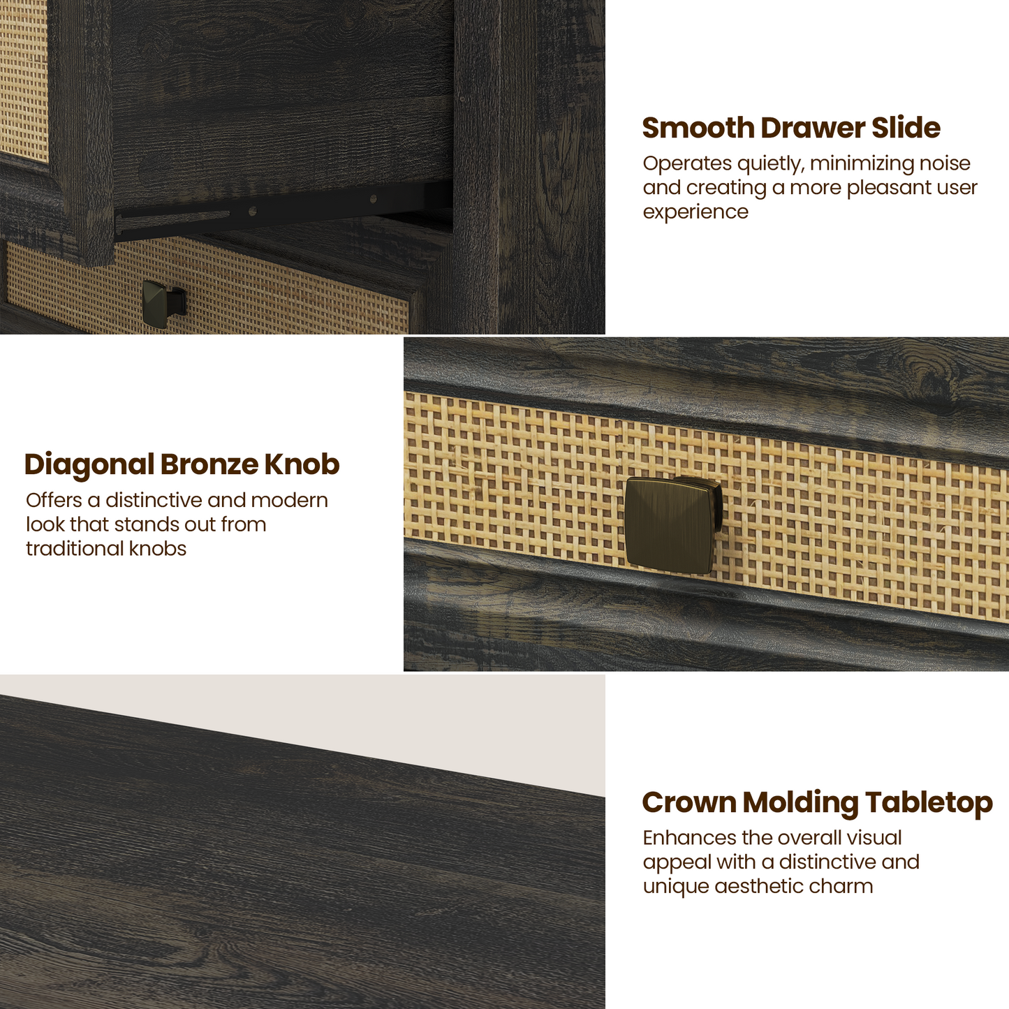 3 Drawer Dresser Rattan Dresser Wood Chest of Drawers Farmhouse Closet Dressers Modern Bedside Table Rustic Nightstand Storage Cabinet for Bedroom, Hallway, Living Room, Dark Rustic Oak image 6