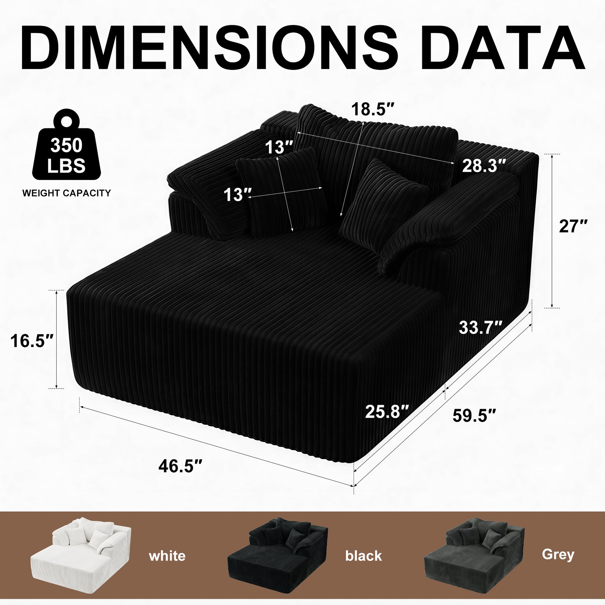60 Inch Chaise Lounge Chair Indoor, Oversized Corduroy Upholstered Boneless Sofa Bed, Deep Seat Sleeper Couch Reading Chairs, Cloud Sofas Couches for Living Room, No Assembly Required (BLACK image 5