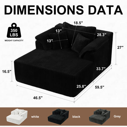 60 Inch Chaise Lounge Chair Indoor, Oversized Corduroy Upholstered Boneless Sofa Bed, Deep Seat Sleeper Couch Reading Chairs, Cloud Sofas Couches for Living Room, No Assembly Required (BLACK image 5