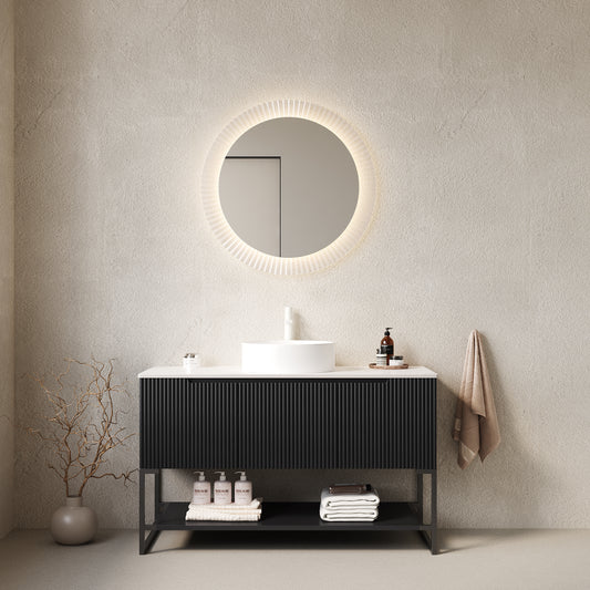 TULIO 48" Bathroom Vanity with Sink, Freestanding Bathroom Storage Cabinet with 3 Doors and Open Shelf, White Round Ceramic Vessel Basin and Carrara White Sintered Stone Countertop, Black (New SKU) image 1