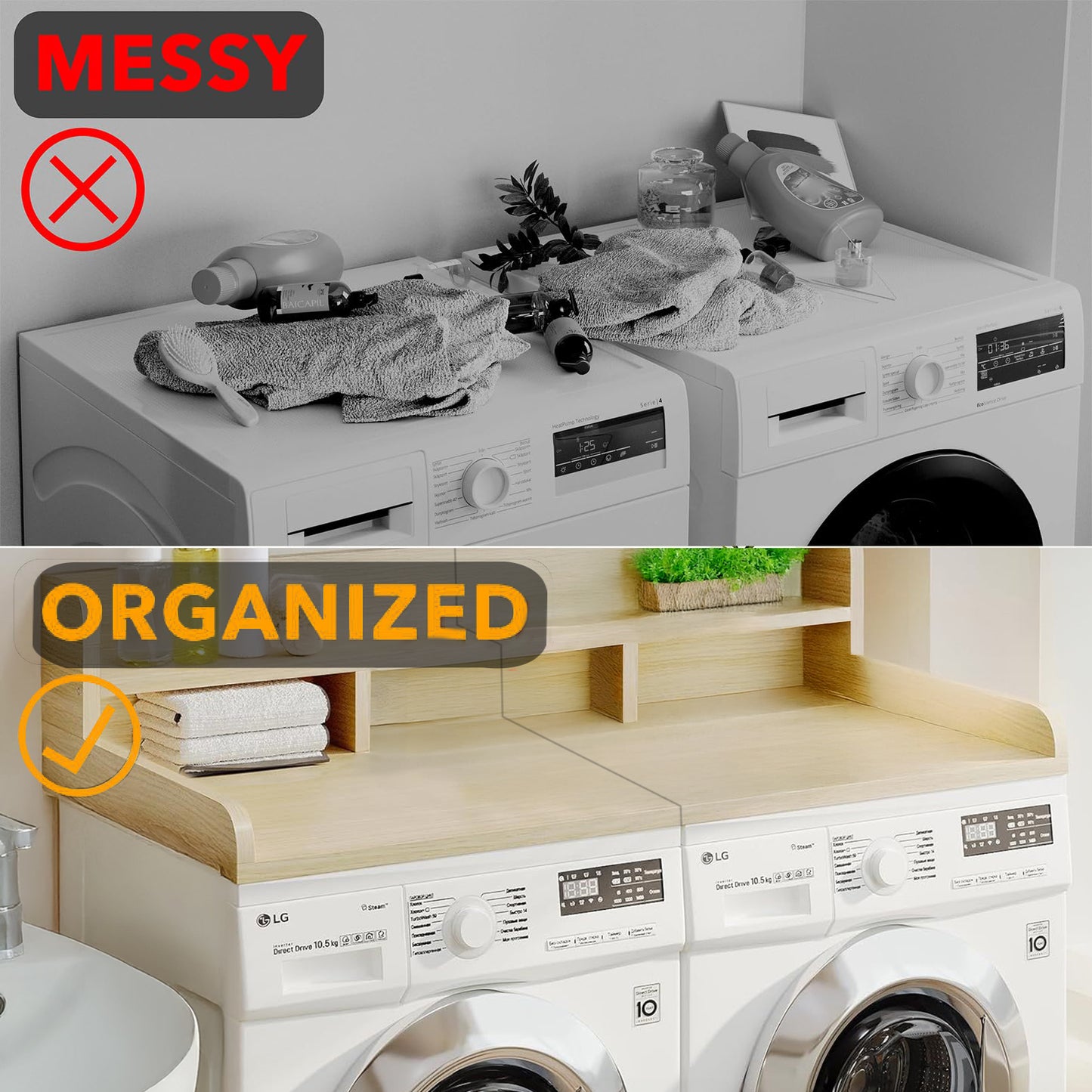 Washer Dryer Countertop with Non-slip Pads, Laundry Wood Shelf Topper with Edge, 54" Width x 27.5" Depth Double Layer Organizer for Washer and Dryer Laundry Hamper Counter Storage Organization (OAK) image 3