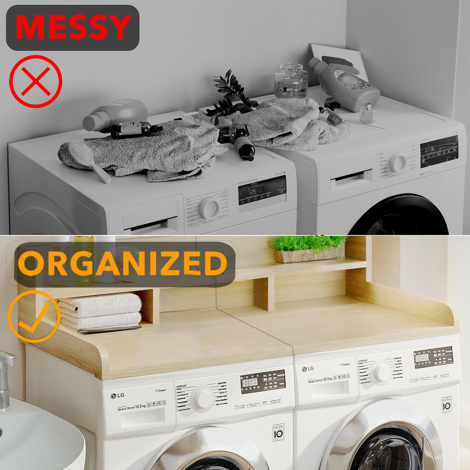 Washer Dryer Countertop with Non-slip Pads, Laundry Wood Shelf Topper with Edge, 54" Width x 27.5" Depth Double Layer Organizer for Washer and Dryer Laundry Hamper Counter Storage Organization (OAK) image 3