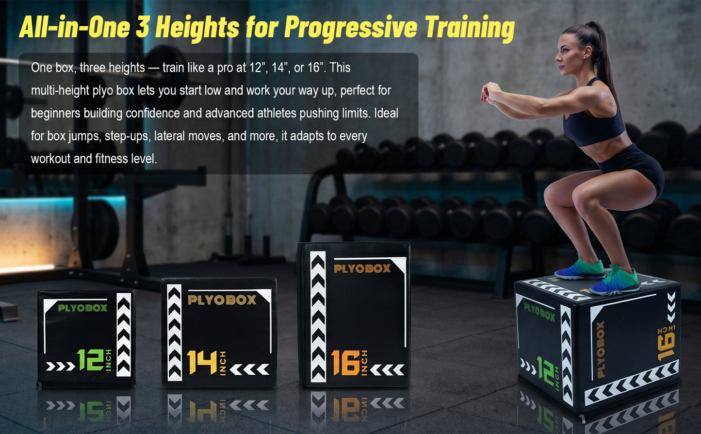 3-in-1 Foam Plyometric Jump Box, 12/14/16 Inch Multi-Height Soft Plyo Box, High-Density EPE Core with Non-Slip PVC Cover, for Beginners, Kids, Home Gym & Rehab Training image 4