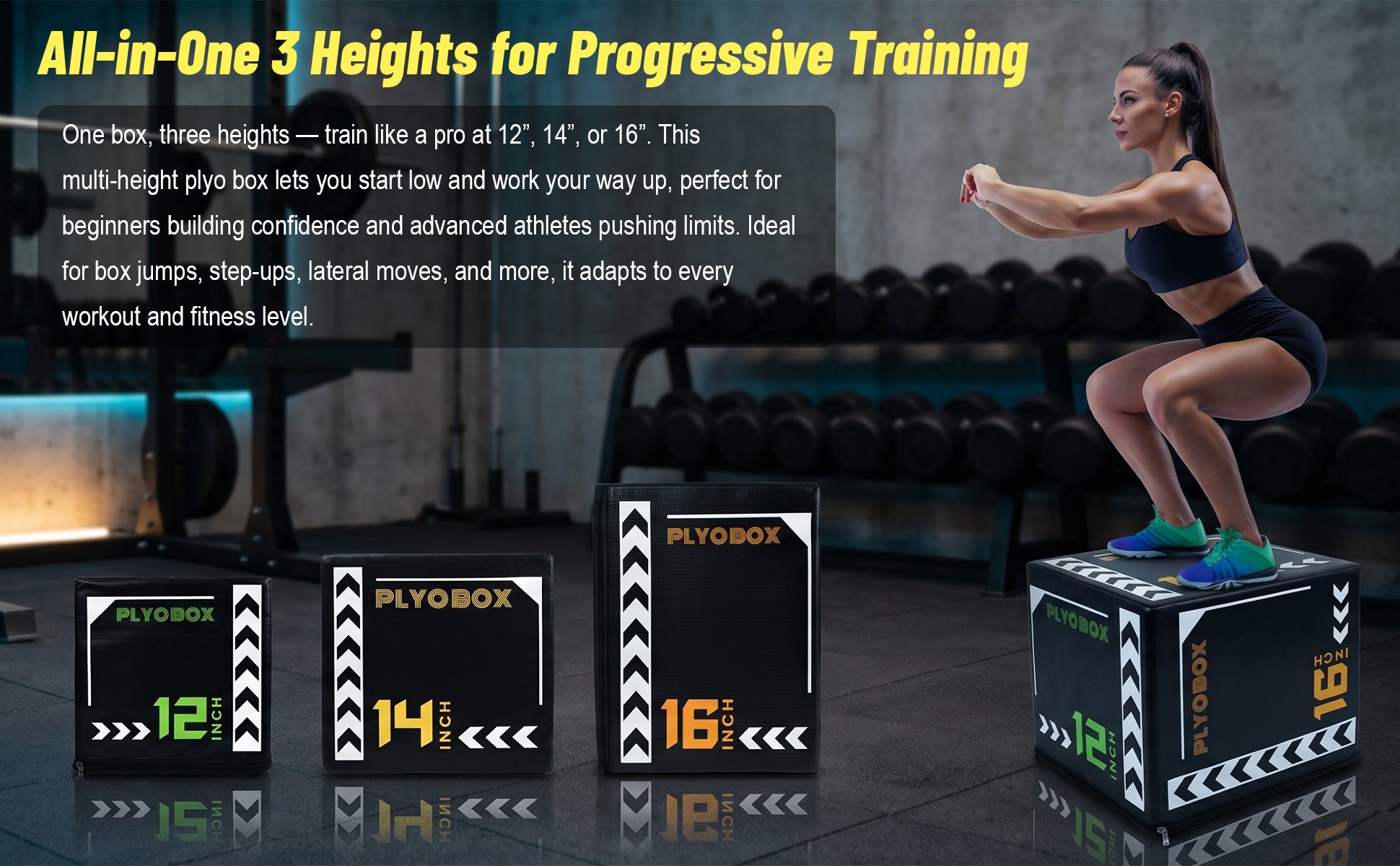 3-in-1 Foam Plyometric Jump Box, 12/14/16 Inch Multi-Height Soft Plyo Box, High-Density EPE Core with Non-Slip PVC Cover, for Beginners, Kids, Home Gym & Rehab Training image 4