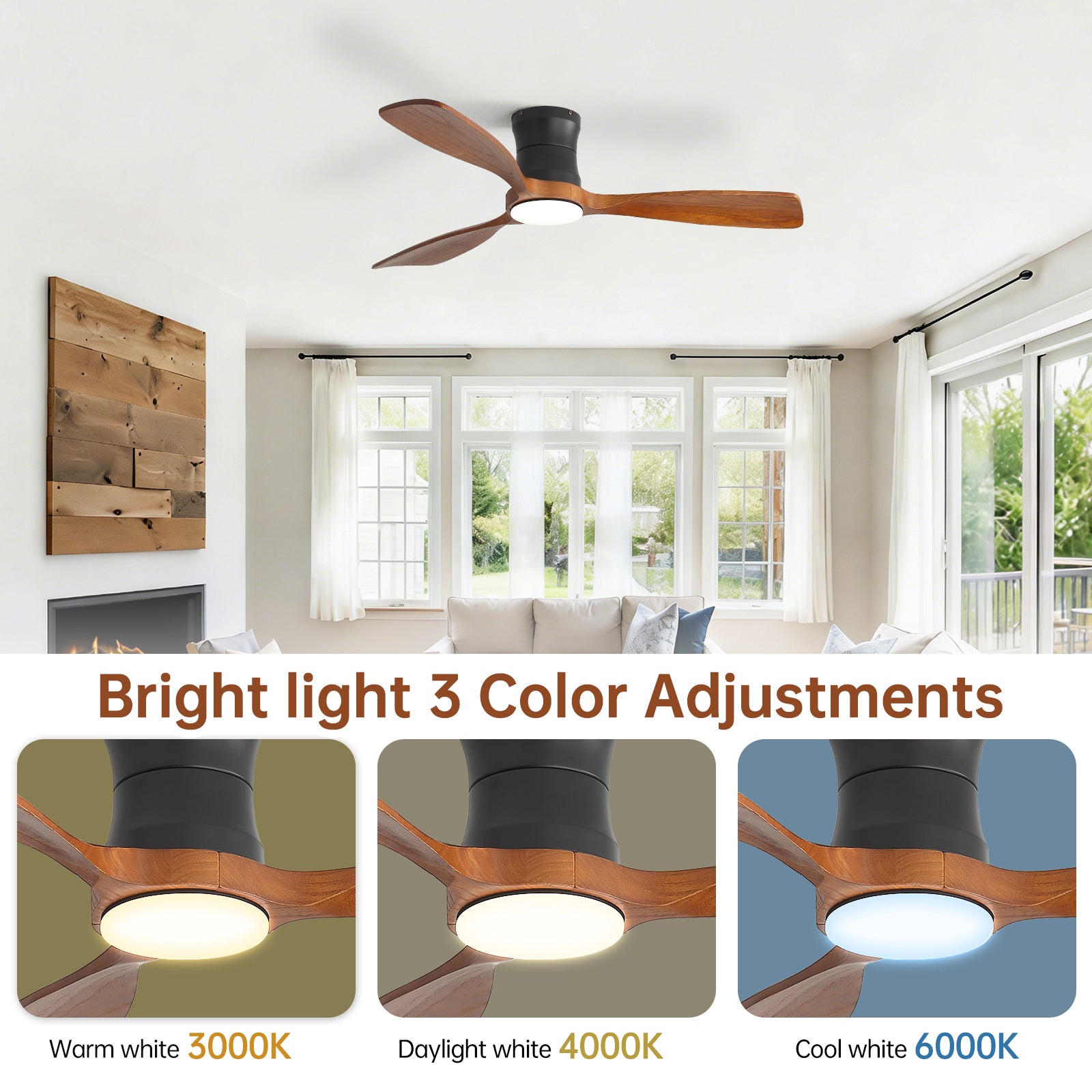 48-Inch Ceiling Fan with Light, Dimmable LED with Memory, Quiet DC Motor, 3F Wood Blades – for Bedroom, Living Room image 6