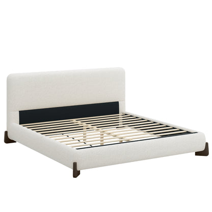 Elegant terry upholstered bed with dark brown solid wood legs, luxurious and comfortable bedroom centerpiece, king size, white image 5