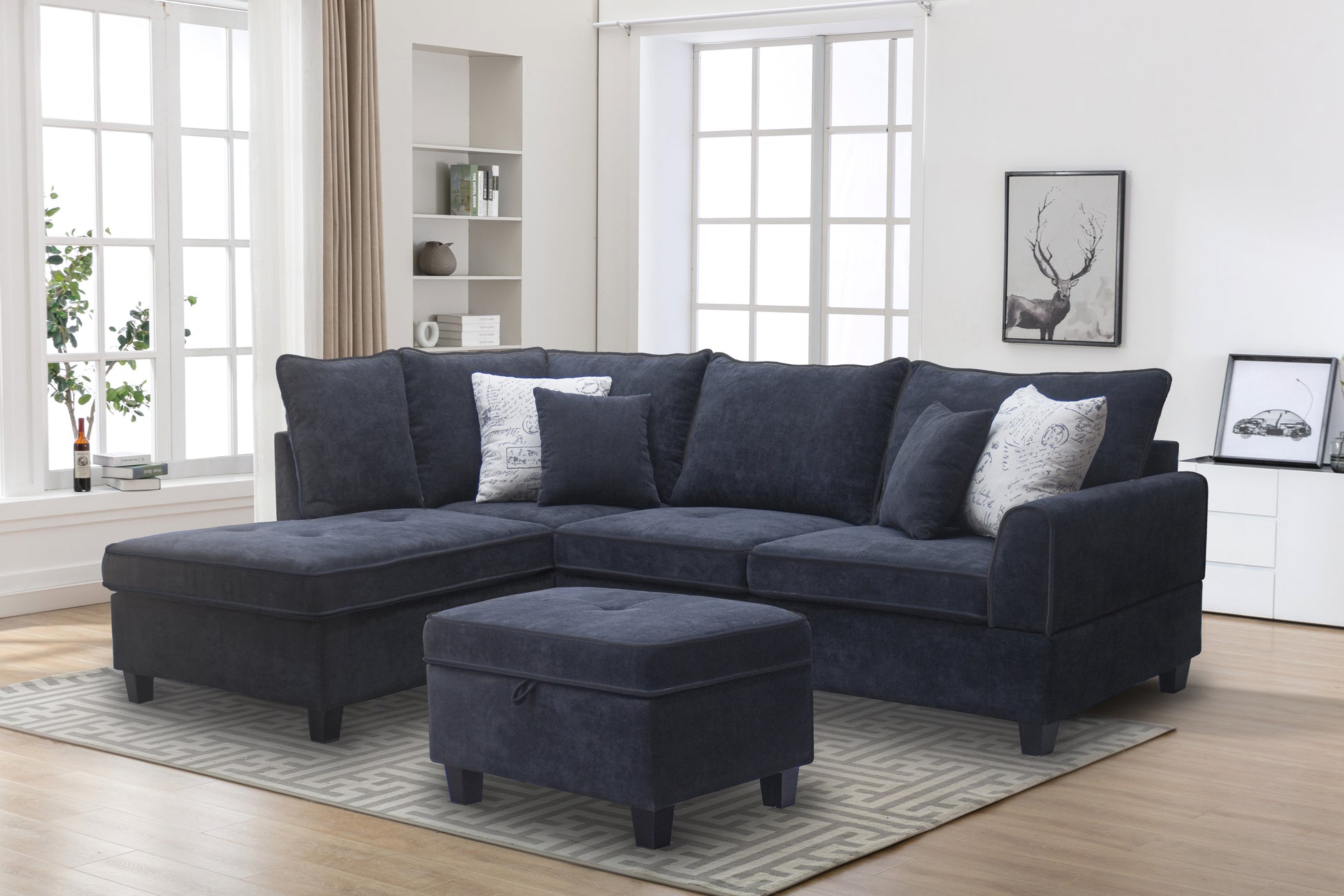 Gabriella 99"W Black Fabric Sectional Sofa with Left-Facing Chaise and Storage Ottoman image 1