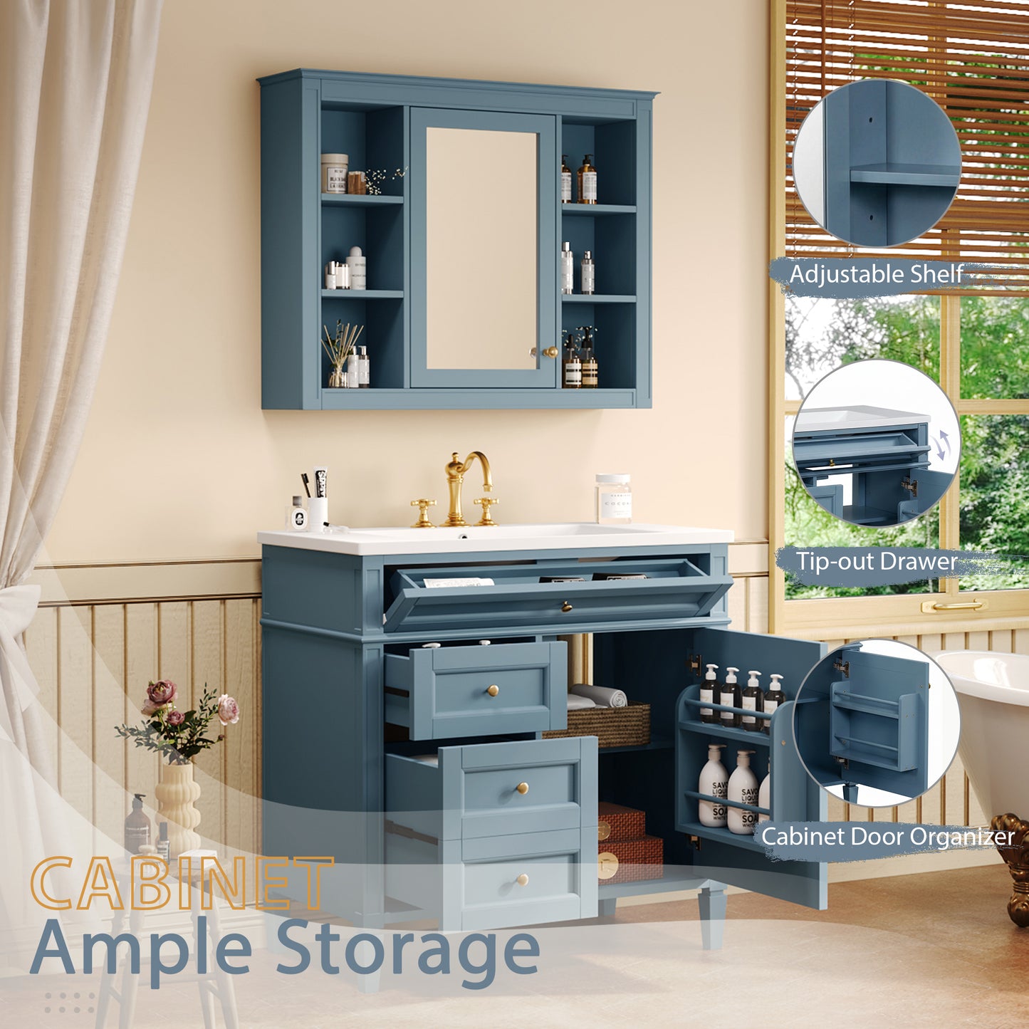 36'' Bathroom Vanity with Medicine Cabinet, Modern Bathroom Storage Cabinet with 2 Soft Closing Doors, Single Sink Bathroom Vanity image 3