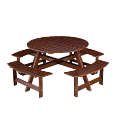 8-Person Outdoor Round Picnic Table Set with 4 Built-in Benches & Umbrella Hole - Perfect for Garden, Backyard, Porch & Patio - Brown Wood