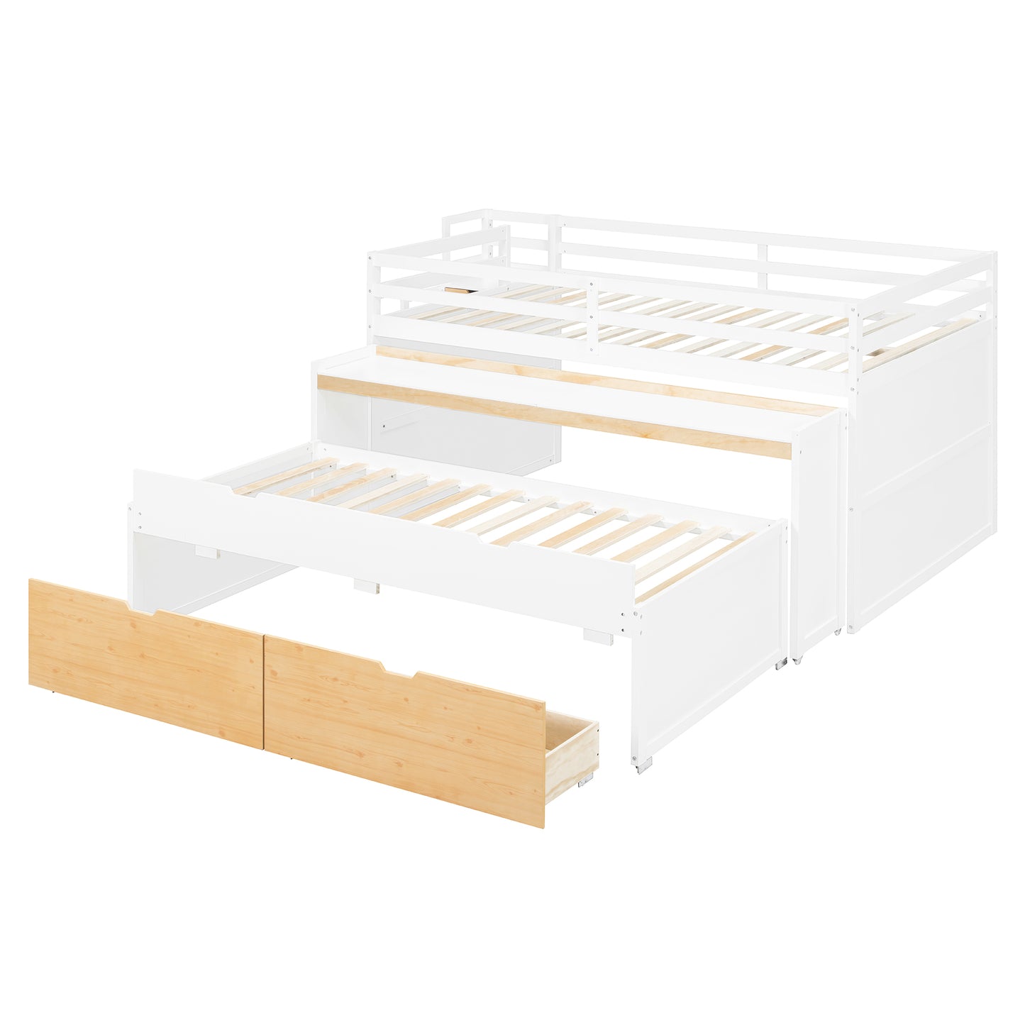 Full XL Loft Bed with Pull-Out Desk and Twin Trundle, Multi-Functional Bunk Bed with 2 Storage Drawers and Storage Steps, Space-Saving Gaming & Workstation Bedframe, White+Wood Color image 11