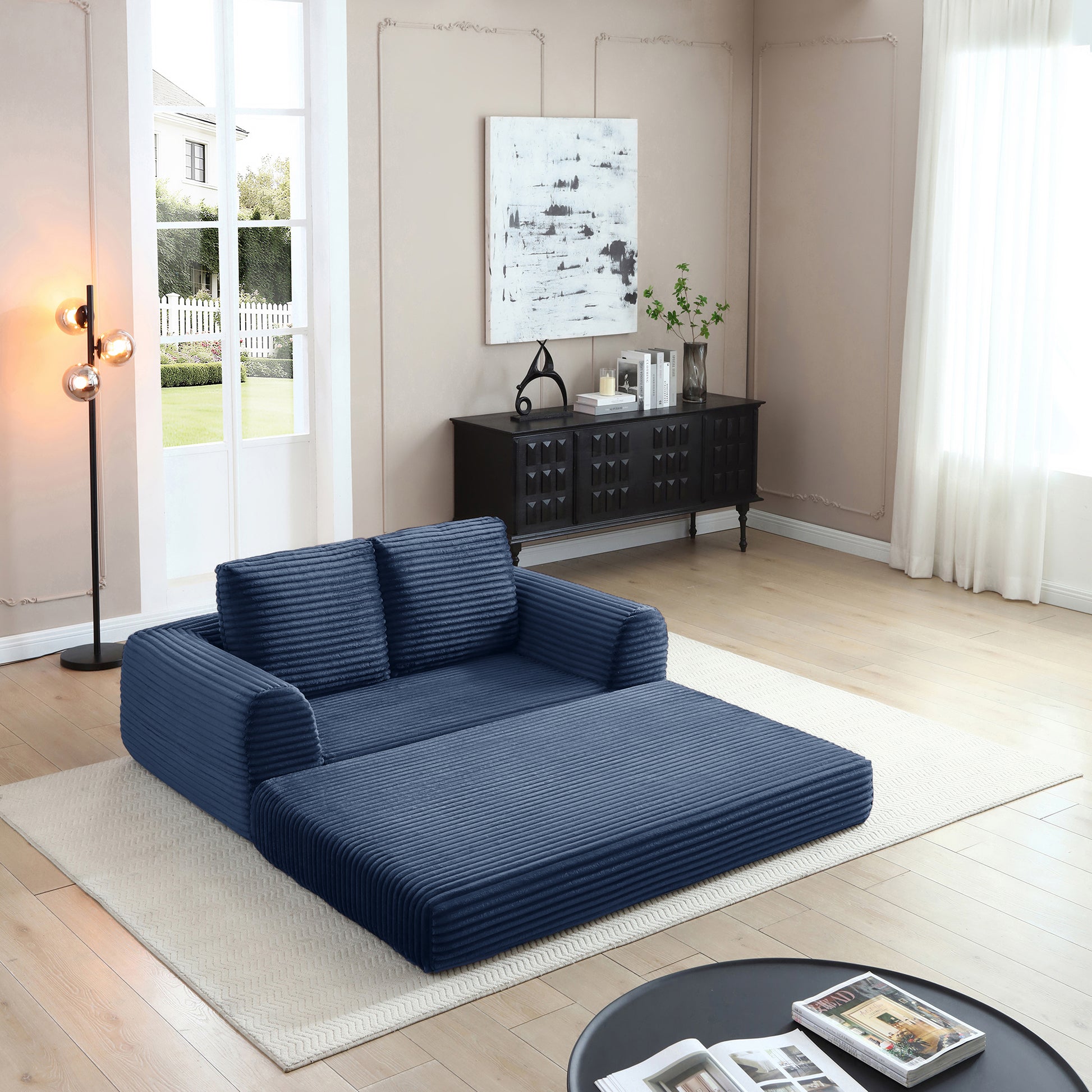 2-in-1 Folding Convertible Sofa Bed, Modern Corduroy Sleeper Couch with 2*pillows, Futon Modular Upholstered Boneless Loveseat with Pull-Out Bed,Folding Floor Modular Couch for Living Room Blue image 3