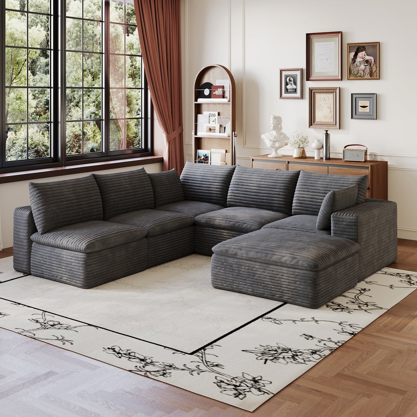 99*103" Cloud Sofa,Corduroy Fabric,Deep Seat Couches,Double-layer design,Removable Cushion,No Assembly, DIY Combination for Living room, Bedroom,Conference room,Apartment,Dark Grey image 3
