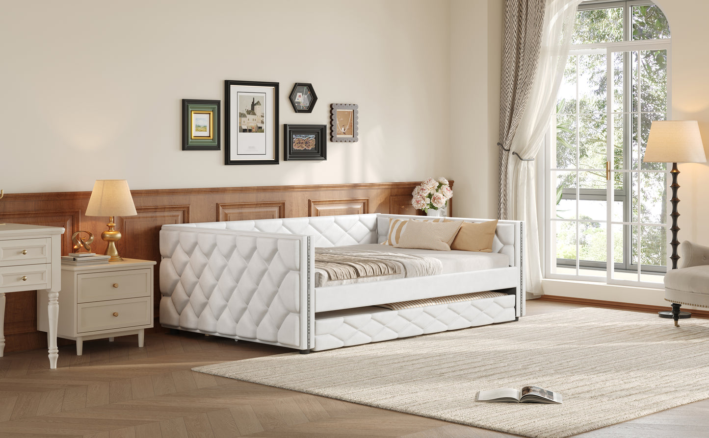 Full XL Size Upholstered Daybed with Trundle and LED, White image 6