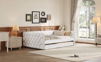 Full XL Size Upholstered Daybed with Trundle and LED, White image 6