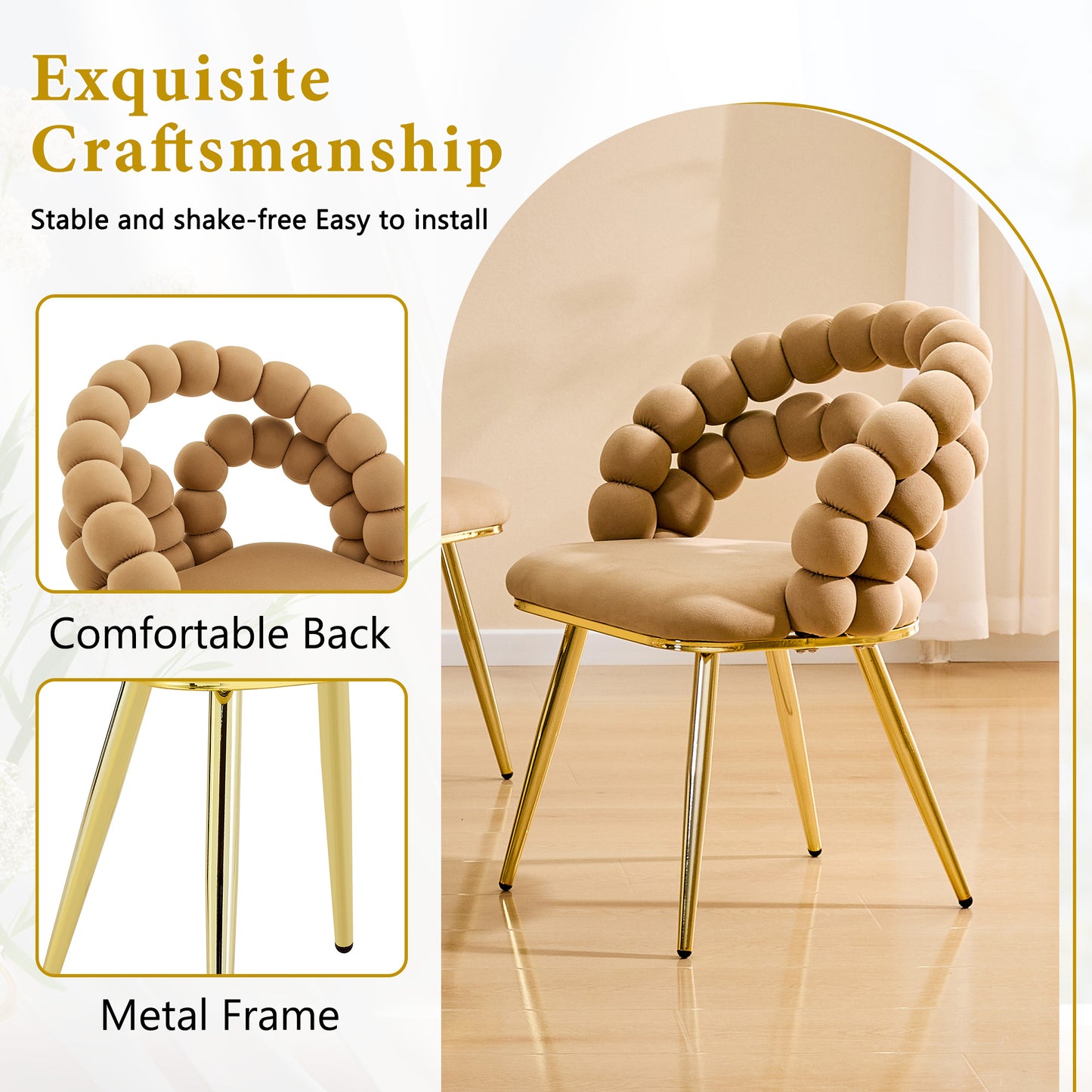 Set of 2 Modern Velvet Dining Chair with Bubble Back, Accent Chair with Gold Metal Legs, Upholstered Vanity Chair for Dining Room, Living Room, Bedroom, Brown & Gold image 11