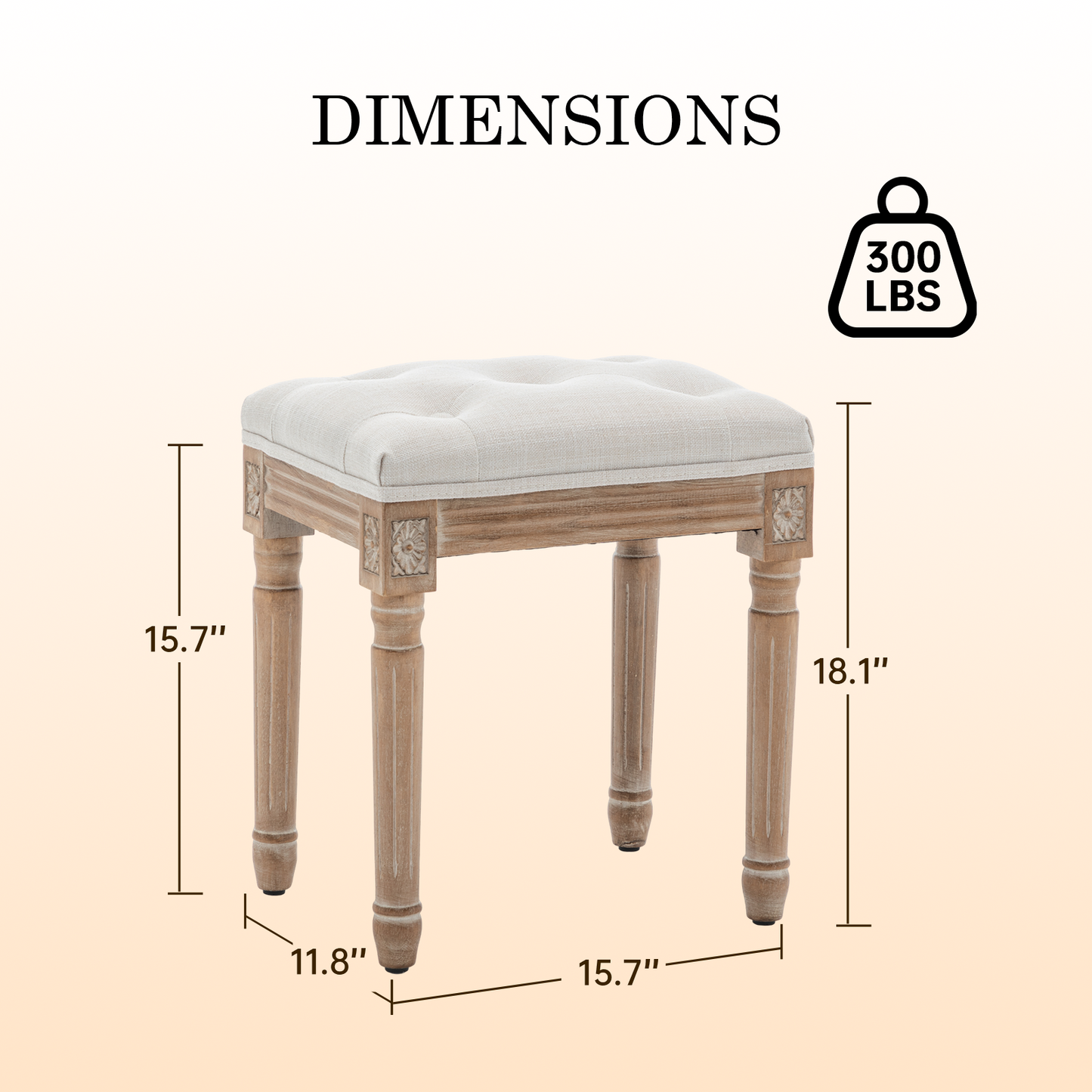 Tufted Vanity Stool with Linen Upholstery & Carved Solid Wood Legs, Dressing Bench for Bedroom, Beige image 3