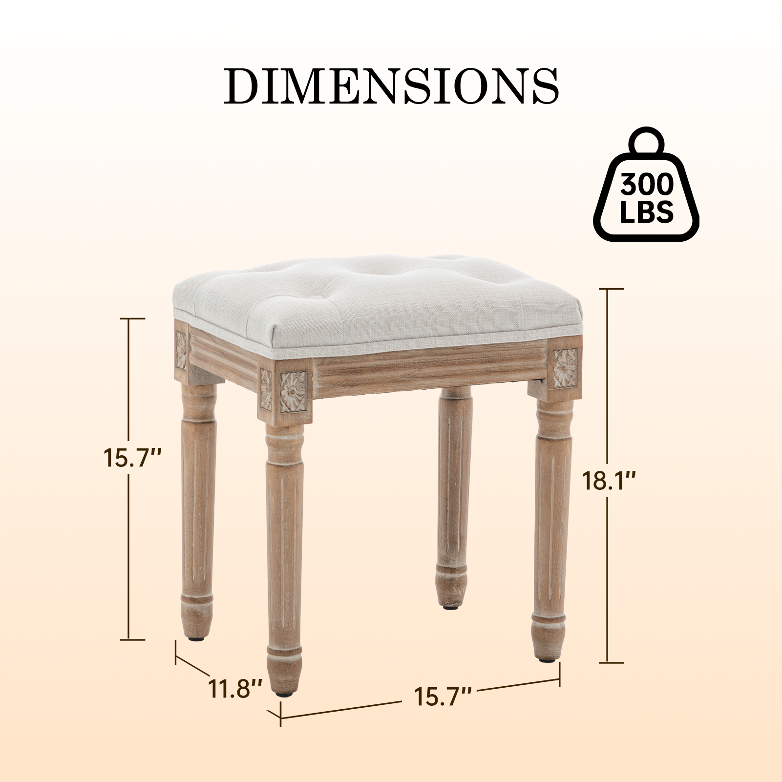 Tufted Vanity Stool with Linen Upholstery & Carved Solid Wood Legs, Dressing Bench for Bedroom, Beige image 3
