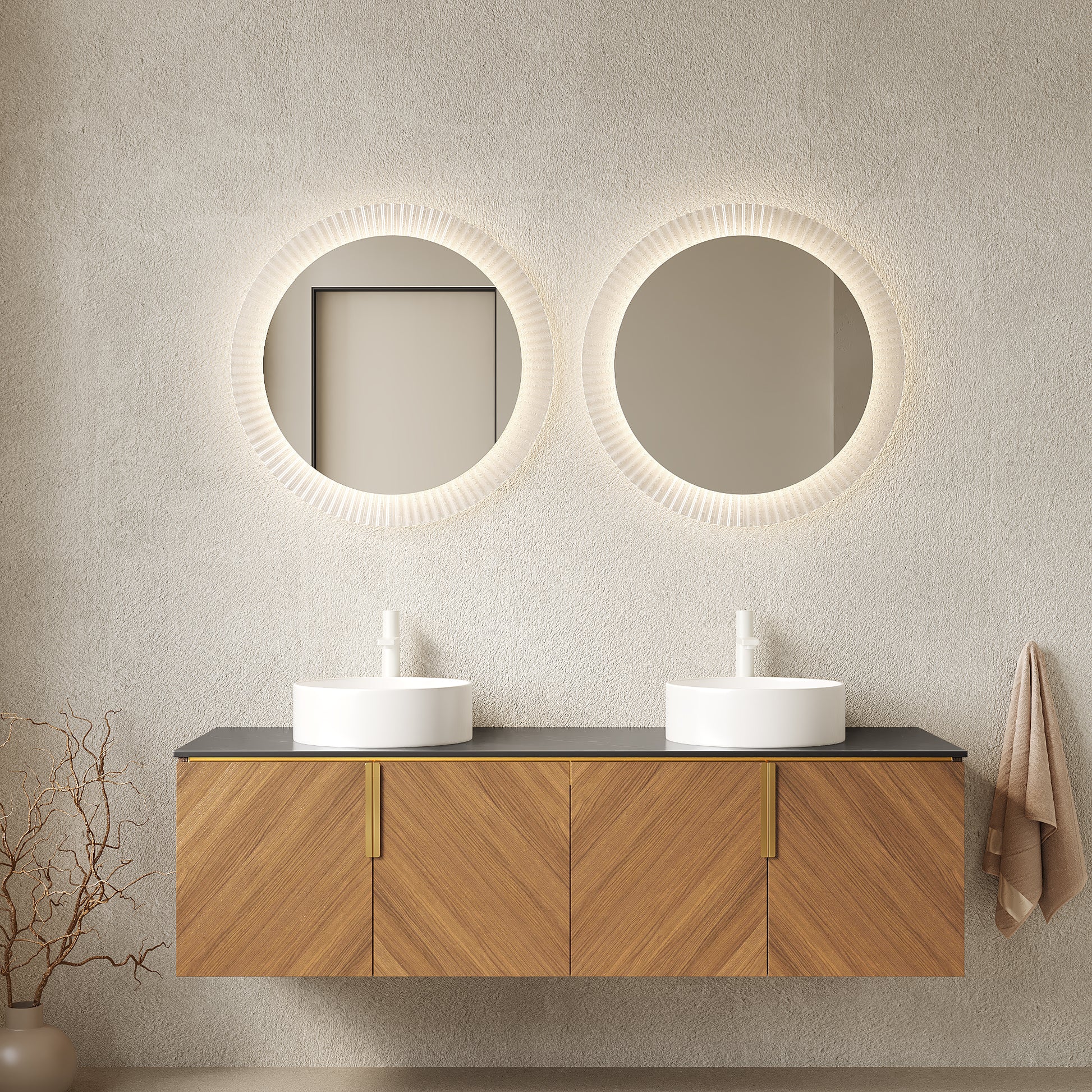 ARAI 60" Bathroom Vanity with Sinks, Floating Wall-Mounted Plywood Bathroom Storage Cabinet with 4 Doors, 2 White Round Ceramic Basins and Black Sintered Stone Countertop, Brown Oak Woodgrain Color image 1