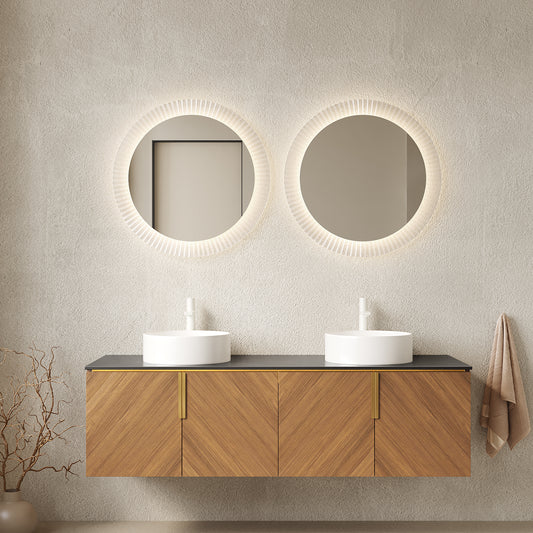 ARAI 60" Bathroom Vanity with Sinks, Floating Wall-Mounted Plywood Bathroom Storage Cabinet with 4 Doors, 2 White Round Ceramic Basins and Black Sintered Stone Countertop, Brown Oak Woodgrain Color image 1