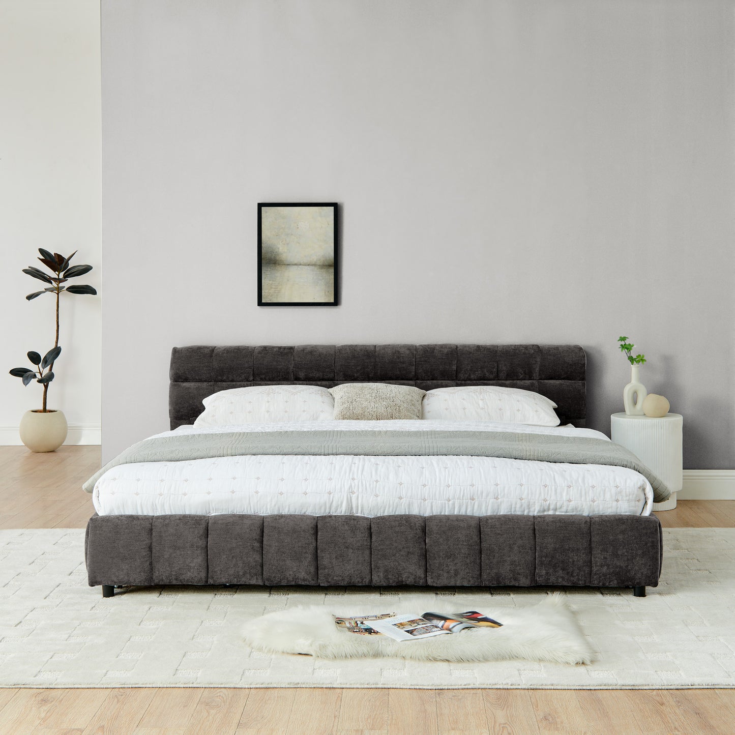 King Size Upholstered Bed,comfortable upholstered bed frame, Chenille fabric, with headboard and solid bed frame. With drawer for storage.-Dark Gray(88.5''*85.5''*31'') image 6