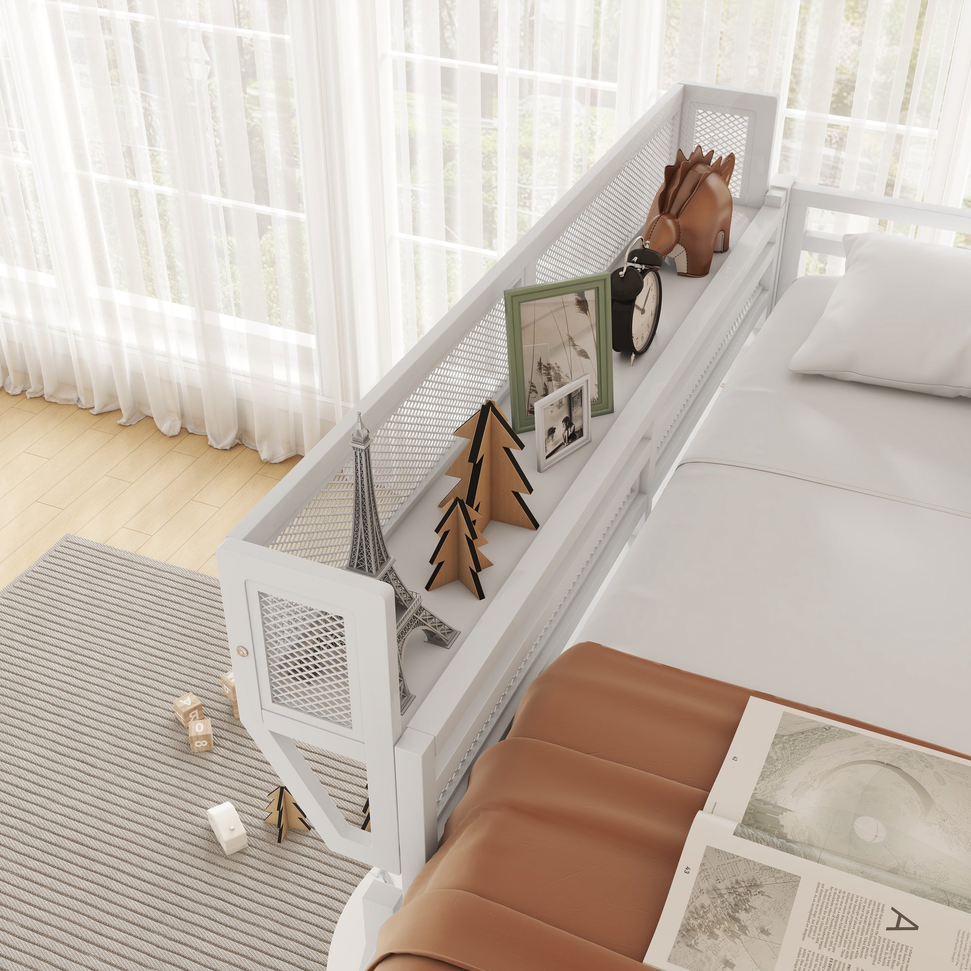 Queen Size Loft Bed with Ladder, Metal Queen Loft Bed with Storage Shelves, High Loft Bed for Kids Teens, White(Expect Arrival Date 2025/12/3 Old SKU W2580P351278) image 4