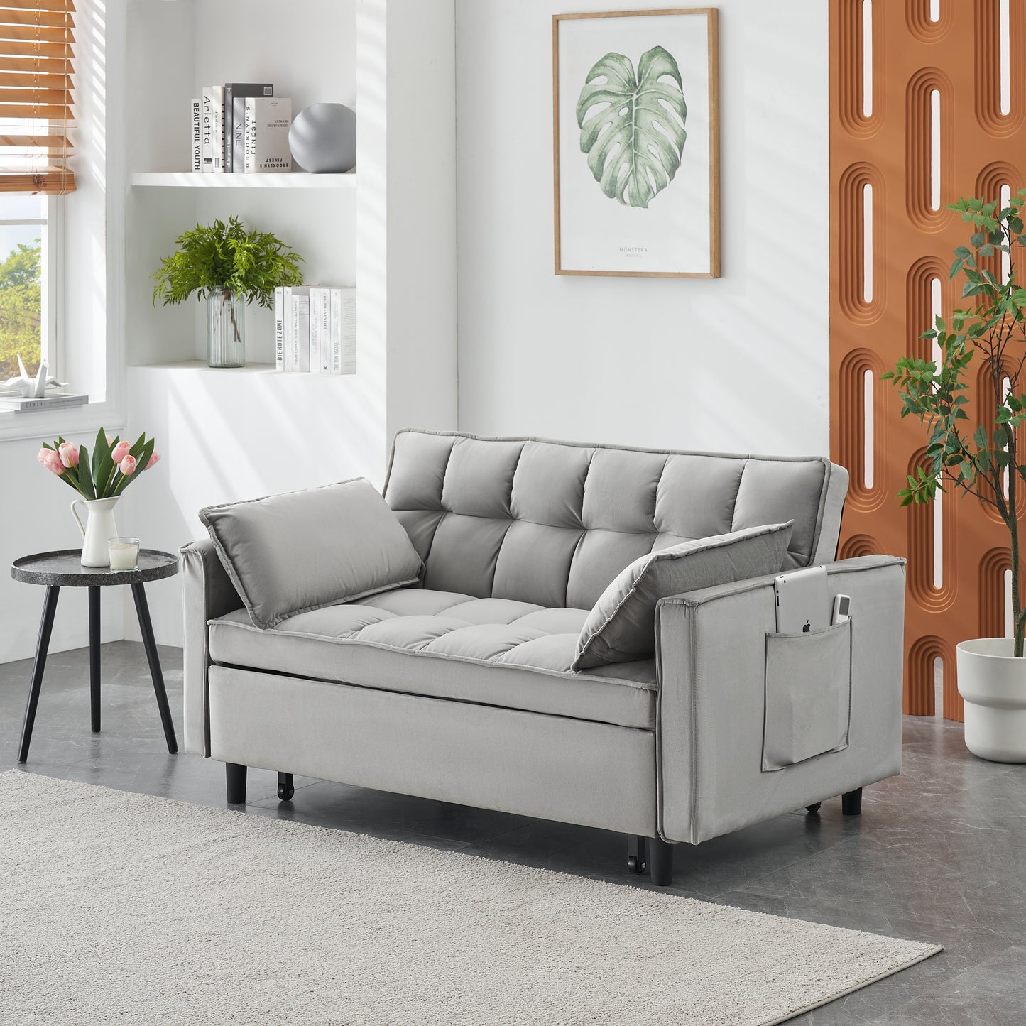 Modern Velvet Loveseat Futon Sofa Couch Pullout Bed, Small Love Seat Lounge Sofa w/Reclining Backrest, Toss Pillows, Pockets, Furniture for Living Room,3 in 1 Convertible Sleeper Sofa Bed, Gra image 4