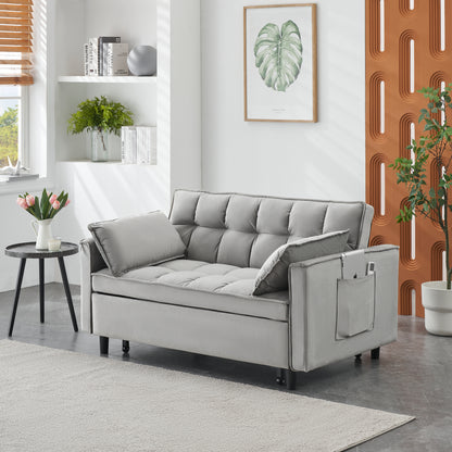 Modern Velvet Loveseat Futon Sofa Couch Pullout Bed, Small Love Seat Lounge Sofa w/Reclining Backrest, Toss Pillows, Pockets, Furniture for Living Room,3 in 1 Convertible Sleeper Sofa Bed, Gra image 4