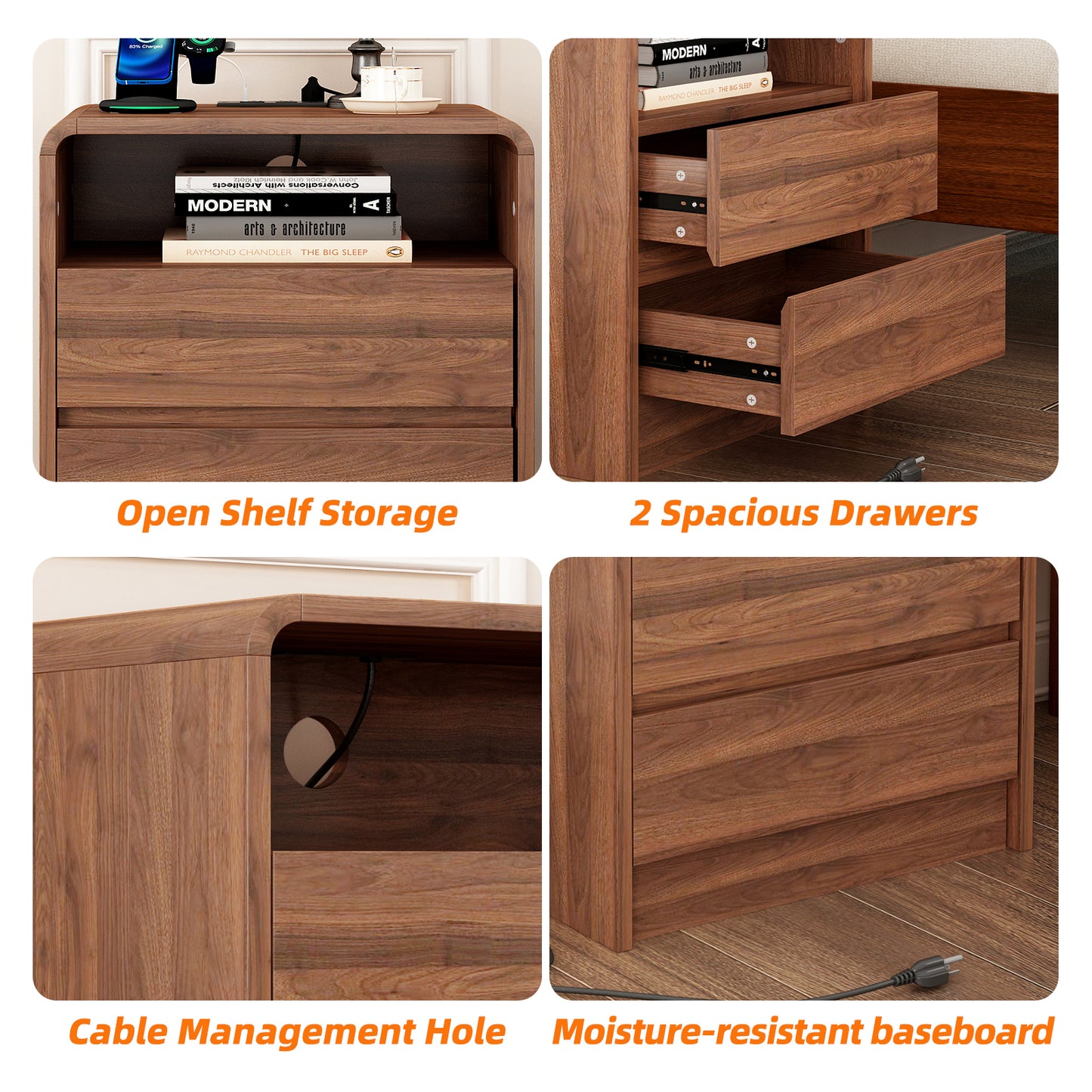 25" Tall Modern Nightstand with Charging Station, 23.6'' Wide Wood Bedside Table w/2 Storage Drawers, Large Mid Century End Table for Bedroom, Living Room, Curved Profile Design (WALNUT) image 11