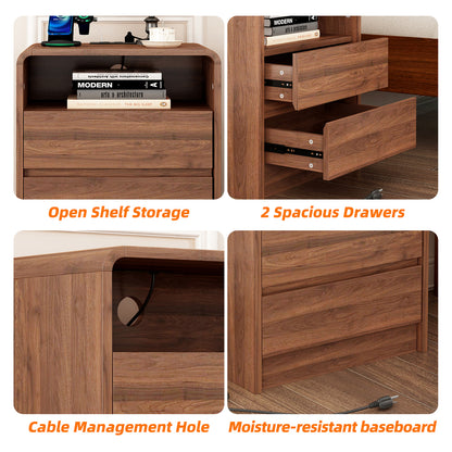 25" Tall Modern Nightstand with Charging Station, 23.6'' Wide Wood Bedside Table w/2 Storage Drawers, Large Mid Century End Table for Bedroom, Living Room, Curved Profile Design (WALNUT) image 11