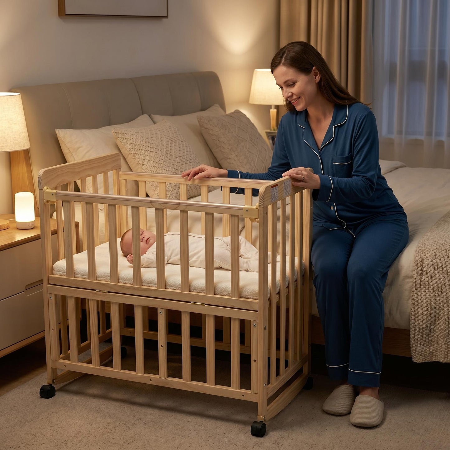 Baby Bassinets Bedside Sleeper - Portable Pine Wood Bedside Bassinet,3 Heights Small Mini Crib with Mattress 1.97 - 2.2in,Space-Saving Design Baby Crib for Newborns 0-36 Months image 2