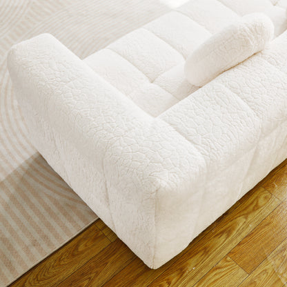 84.6-inch Modern Boneless Couch with Two Circular throw pillows,Skin-friendly lychee-textured long-pile polyester fabric,Checkered Fabric Design Three-Seater Foam Sofa image 11
