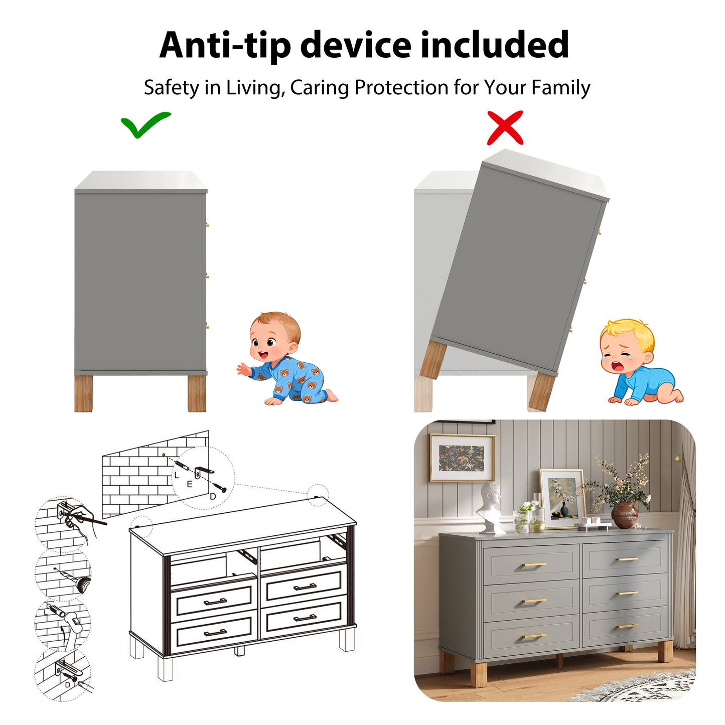 6-Drawer Double Dresser in Gray, Modern Storage Cabinet with Metal Handles & Solid Wood Legs, Dresser Drawer Organizer for Kids Bedroom, Heavy-Duty Wooden Dresser with Pre-Installed image 5