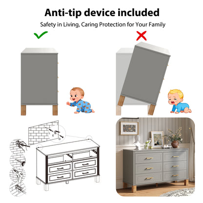 6-Drawer Double Dresser in Gray, Modern Storage Cabinet with Metal Handles & Solid Wood Legs, Dresser Drawer Organizer for Kids Bedroom, Heavy-Duty Wooden Dresser with Pre-Installed image 5
