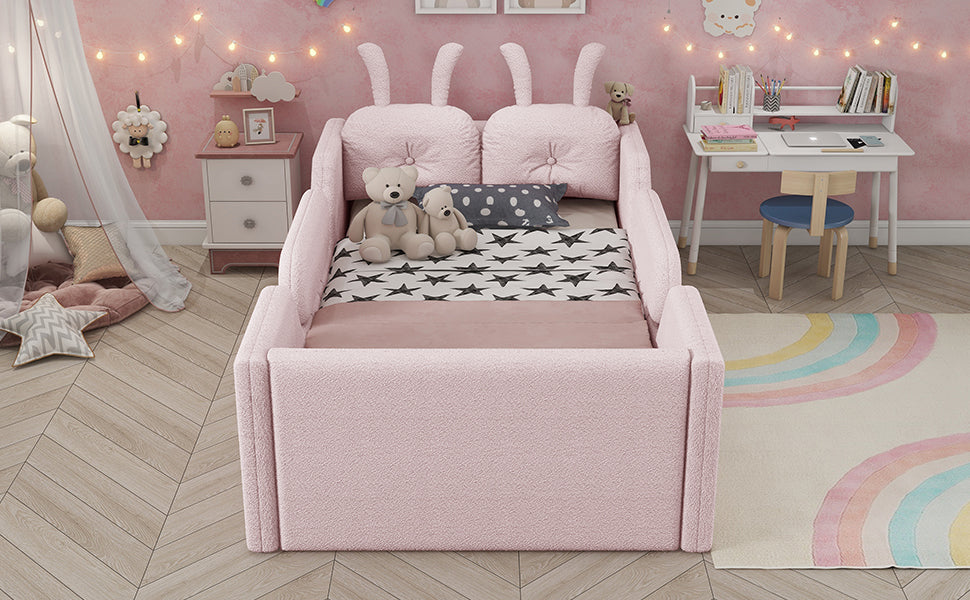 Twin Size Upholstered Platform Bed with Rabbit Cushion, Kids Floor Upholstered Bed with Removable Side Rails, Pink(Old SKUW2593P395807 Expect Arrival Date 2026/7/14) image 6
