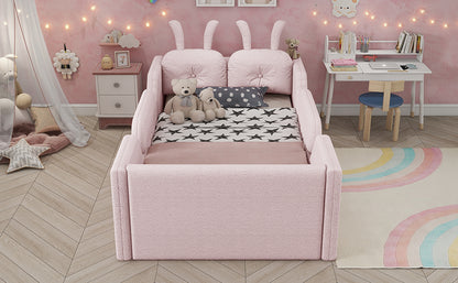 Twin Size Upholstered Platform Bed with Rabbit Cushion, Kids Floor Upholstered Bed with Removable Side Rails, Pink(Old SKUW2593P395807 Expect Arrival Date 2026/7/14) image 6