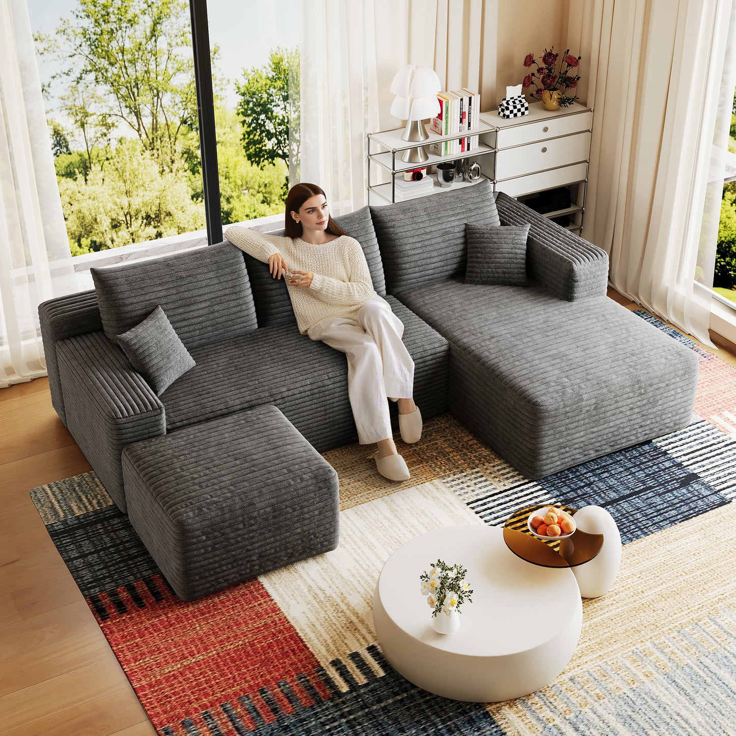 95" Cloud Sectional Sofa with 1 Ottoman,Modern Minimalist Upholstered Couches, Comfort U Shaped Sofa for Living Room,Deep Seat Corner Couch,No Assembly Required,Dark Grey((Plush Corduroy Fabric) image 3