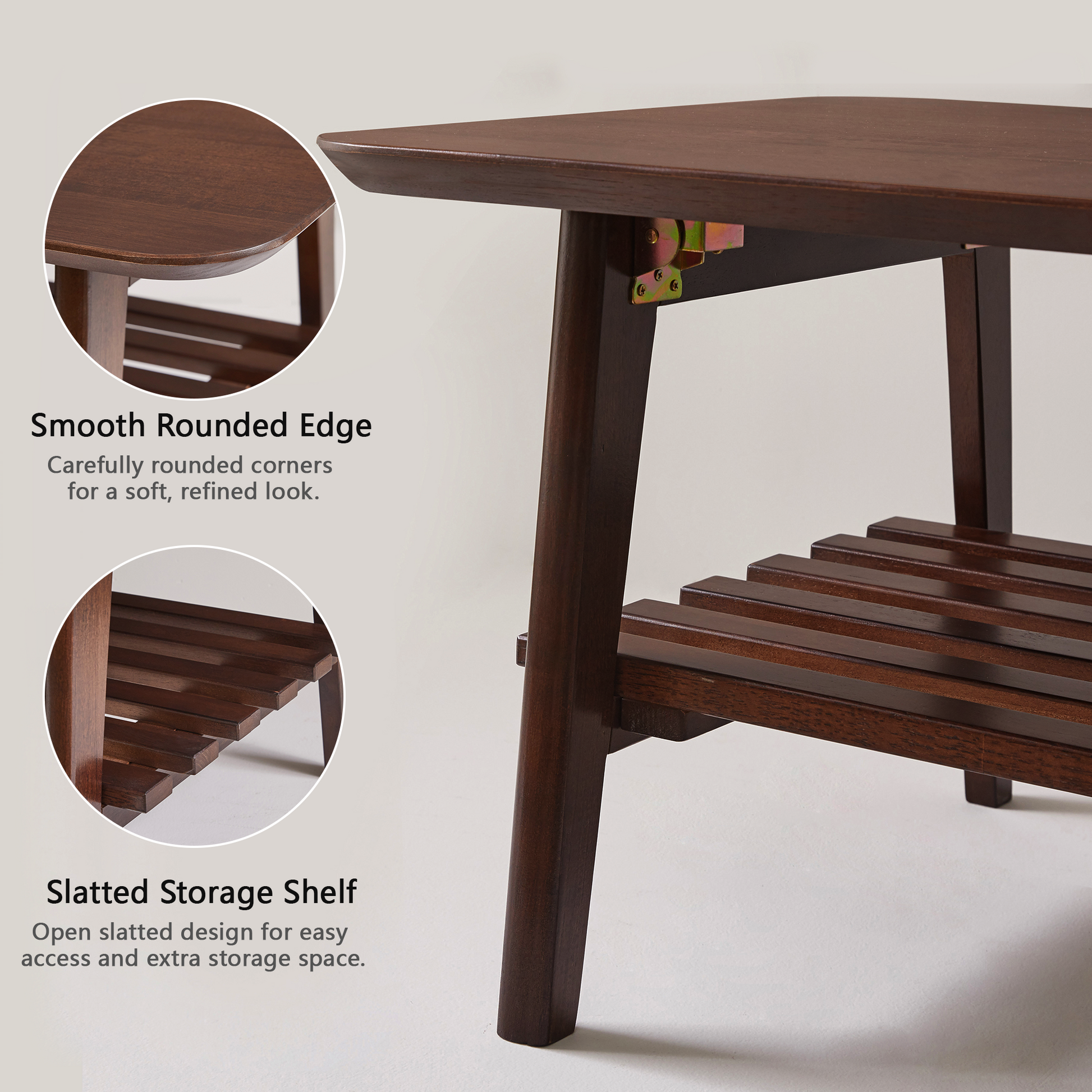 Wooden Coffee Table with Storage Shelf, Mid-Century Rectangular Center Table for Living Room,Walnut Brown image 7