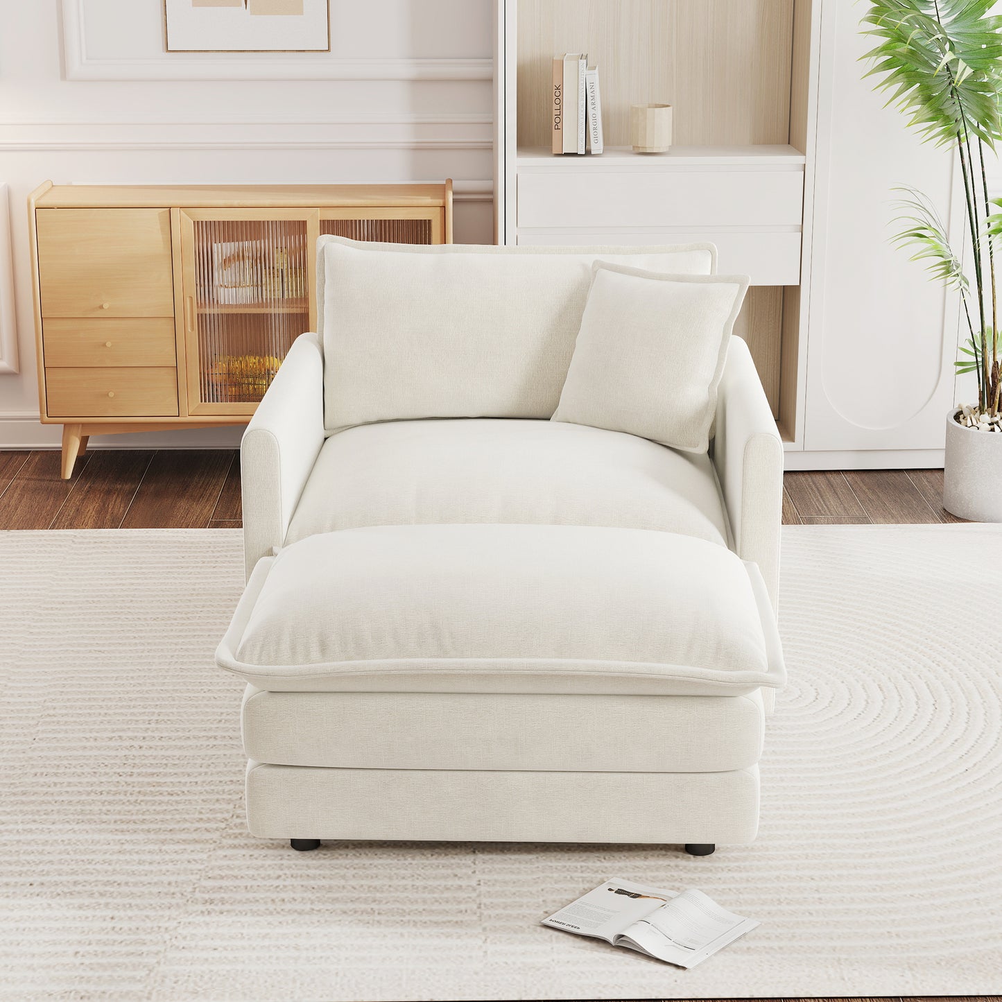 Modern Accent Chair with Ottoman, Living Room Club Chair Chenille Upholstered Armchair, Reading Chair for Bedroom, White image 2