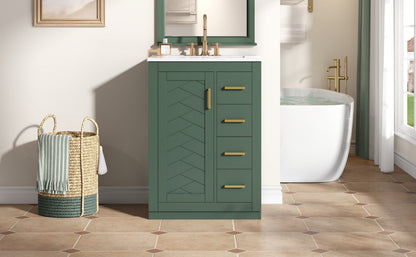 24" Bathroom Vanity with Integrated Ceramic Sink, Bathroom Cabinet with 1 Door, 3 Drawers, Single Sink Bathroom Vanity for Small and Medium Restroom, Green image 9