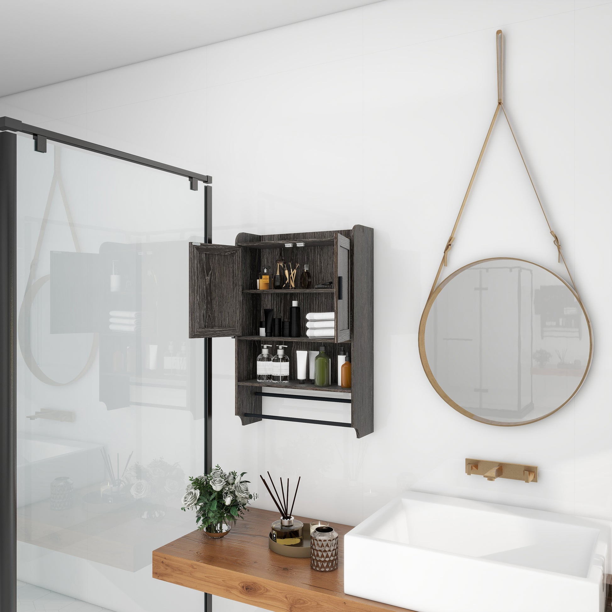 Bathroom Wall Cabinet with Doors,Adjustable Shelf,Towel Bar and Paper Holder, Over The Toilet Storage Cabinet, Medicine Cabinet for Bathroom-Grey image 5
