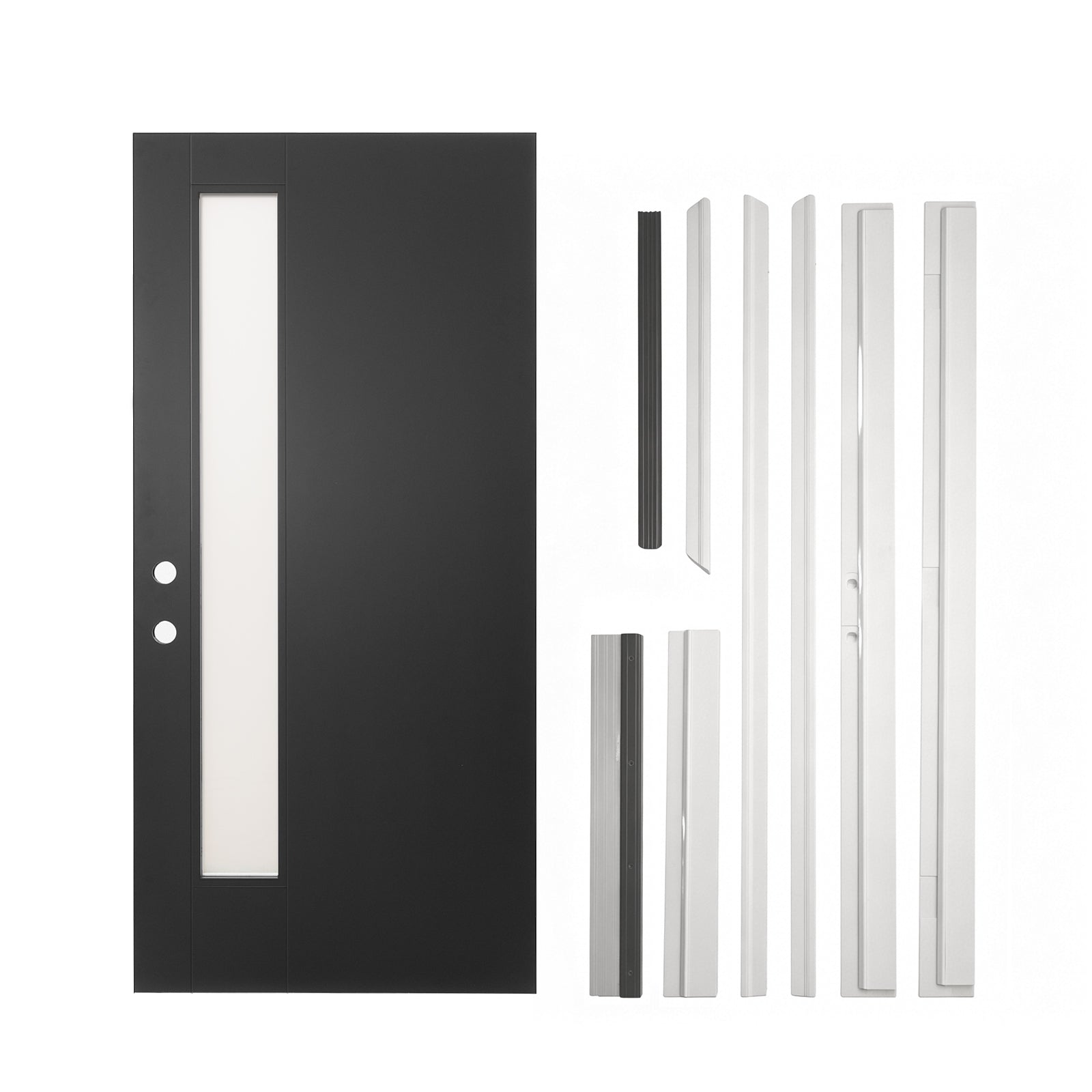 36"x80" Fiberglass Front Door with White 4-9/16" PVC Frame,Right-Hand Inswing Exterior Door with Brickmould,Contemporary minimalist smooth skin with frosted glass for Home Entrance, Black image 4