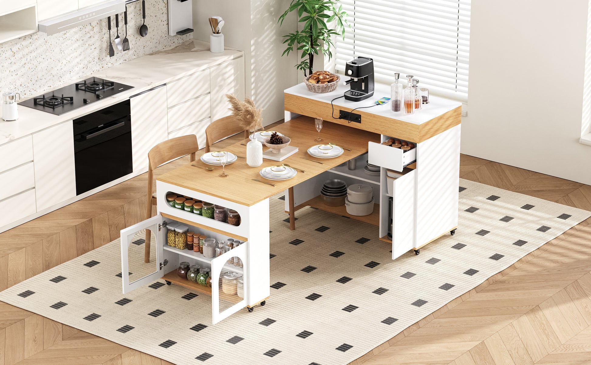 TREXM Extendable Dining Table with Extra-Long Folding Top, Rolling Kitchen Island with Drawers, Power Outlet and Brake lock, Storage Cabinet for Kitchen and Dining Room (Natural + Creamy White) image 3