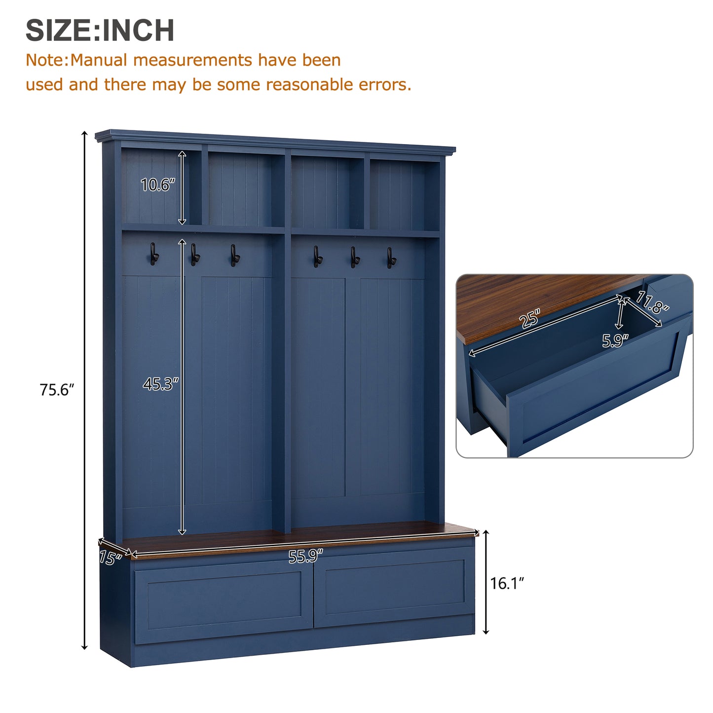 Farmhouse 4-in-1 Hall Tree with Wood Grain Bench, Mudroom Versatile Coat Rack with 2 Large Drawer, Entrance Organizer for Hallway, Living Room, Blue, 55.9"W (OLD SKU: N721P313099C) image 7